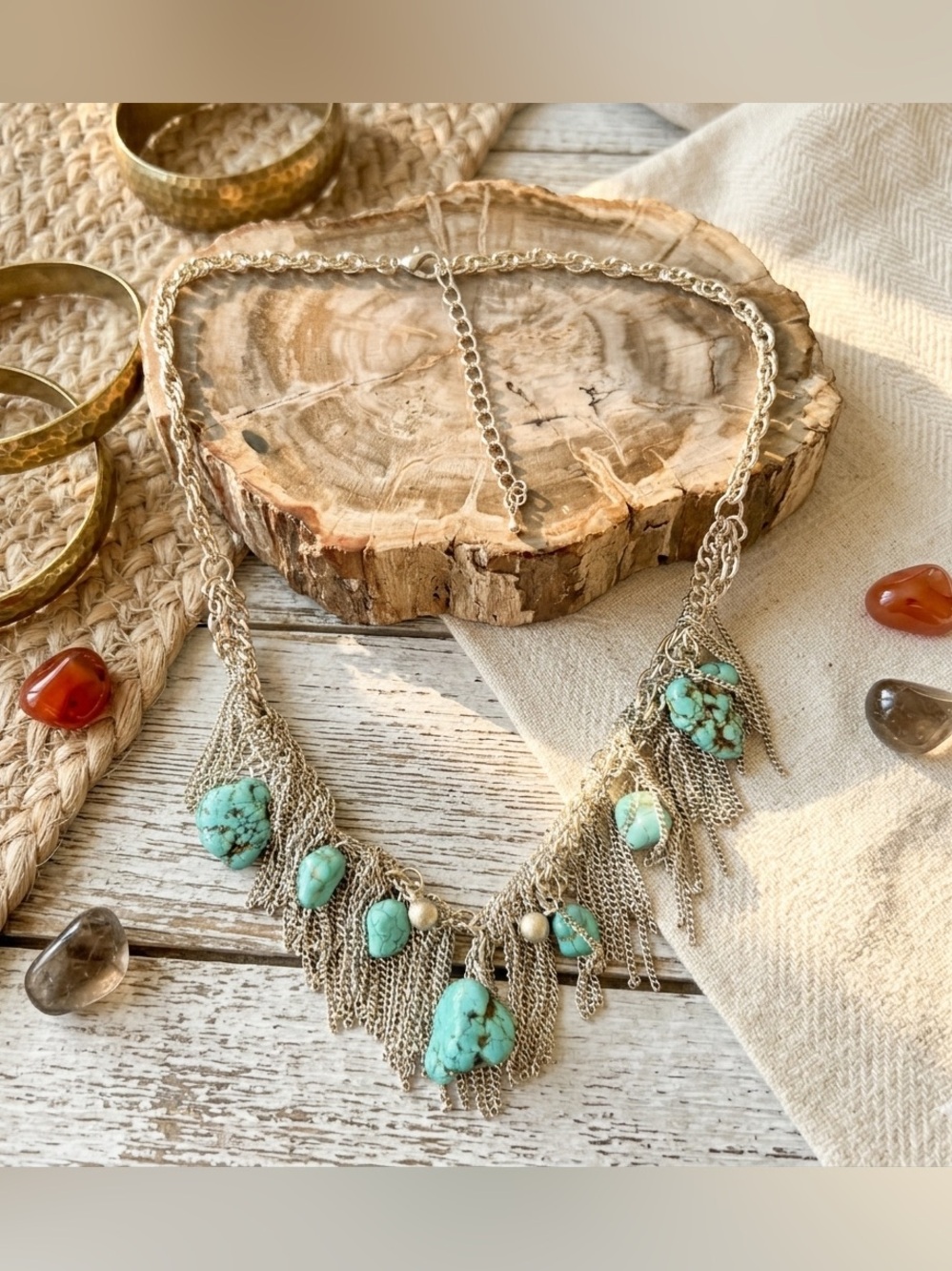 Boho Turquoise & Silver Chain Fringe Statement Bib Necklace
